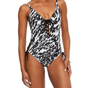 Bar III Swimsuit Size Medium Black White Animal Print One Piece Lace Up Womens